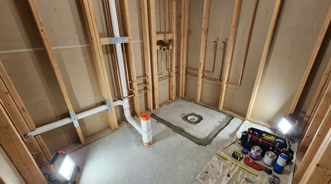 Bathroom rough-in plumbing during remodel by Johns Plumbing LLC in Kirtland