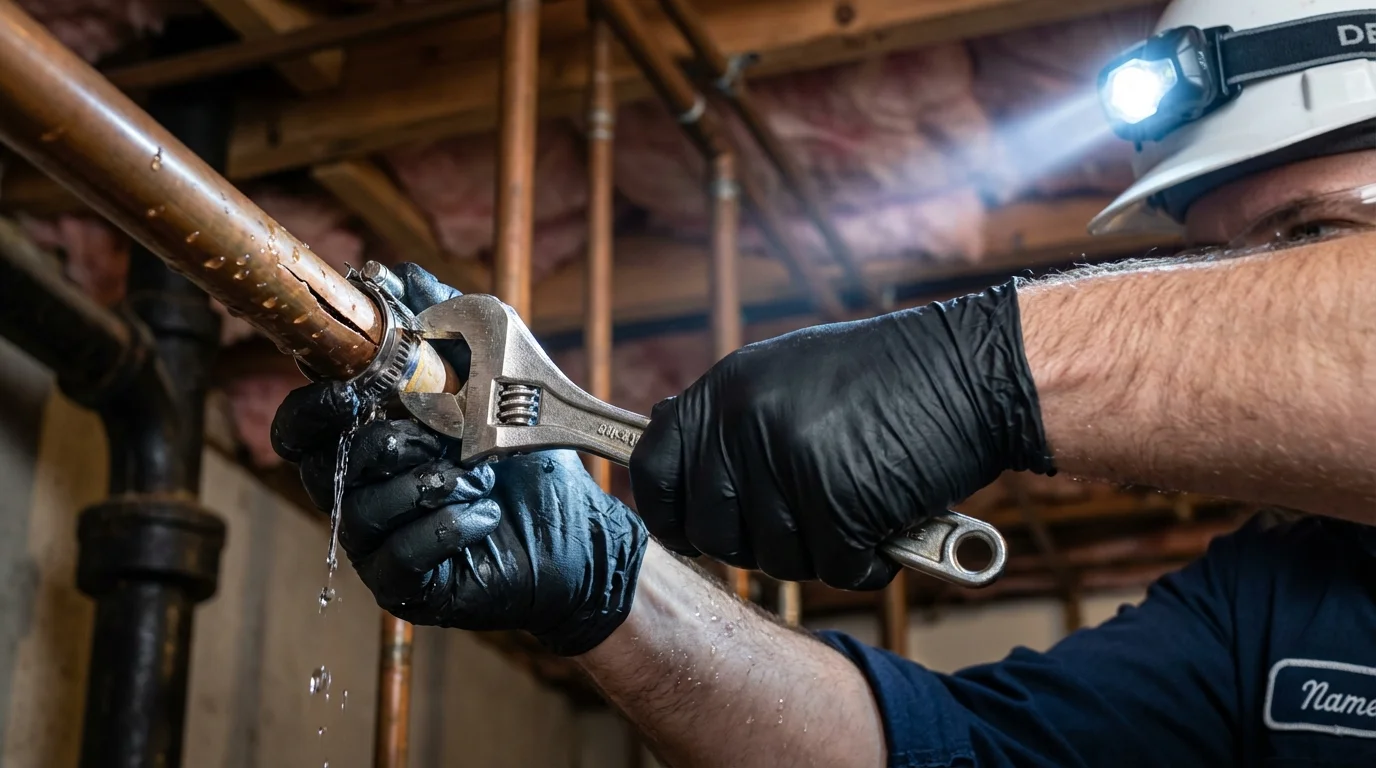 Emergency pipe clamp repair being performed by a Johns Plumbing LLC plumber in Kirtland