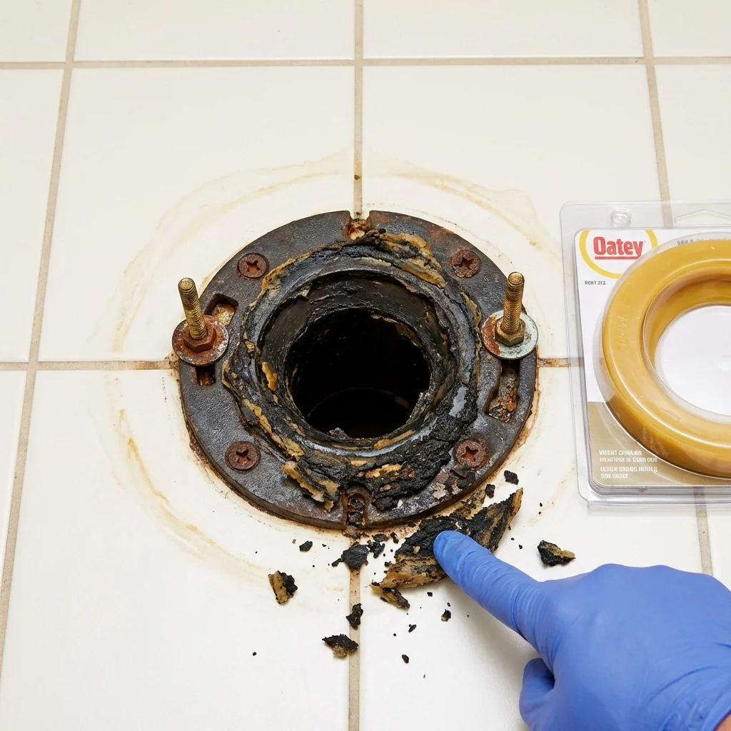 Failed wax ring showing water seepage at the base of a toilet in a Kirtland, NM home