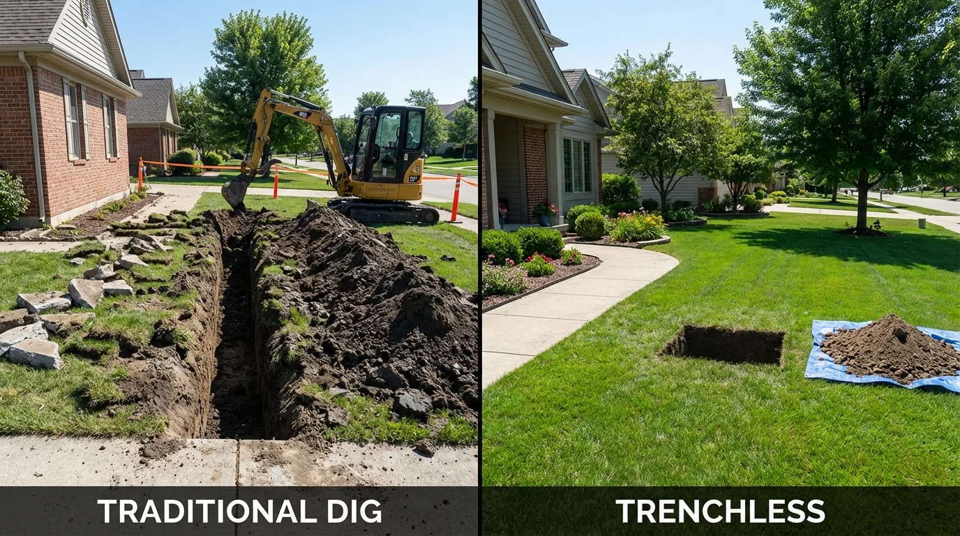 Trenchless sewer repair with minimal yard damage versus traditional excavation in Kirtland, NM