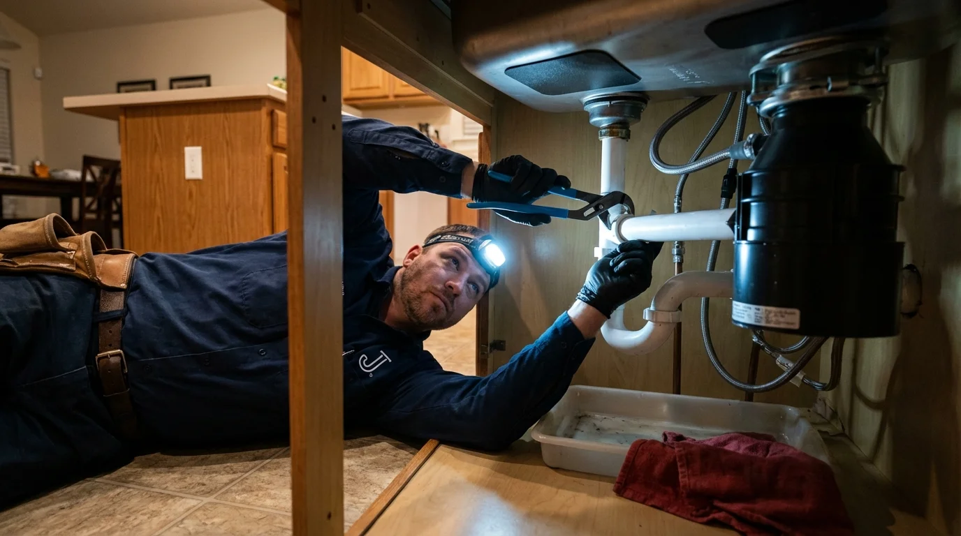 P-trap and supply line connections under a kitchen sink showing a common leak point in Kirtland, NM